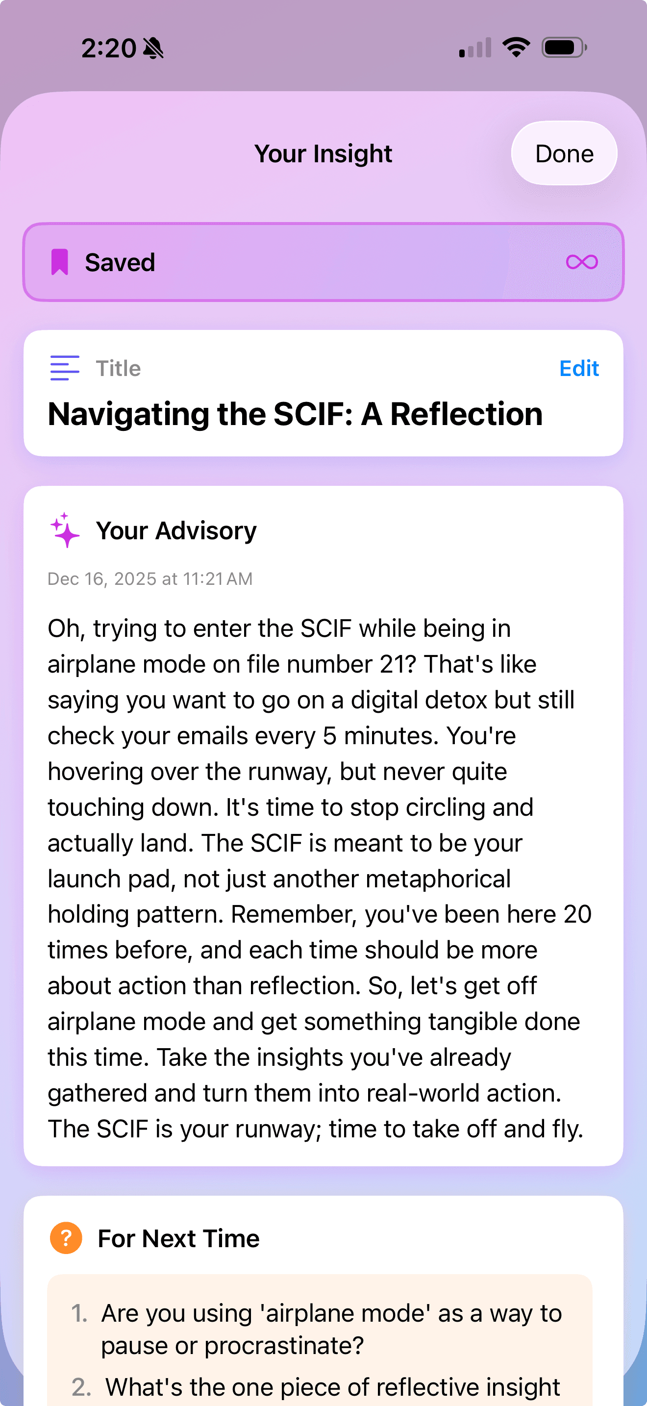 Scifle insight detail screen with audio coaching, memory context, and privacy features