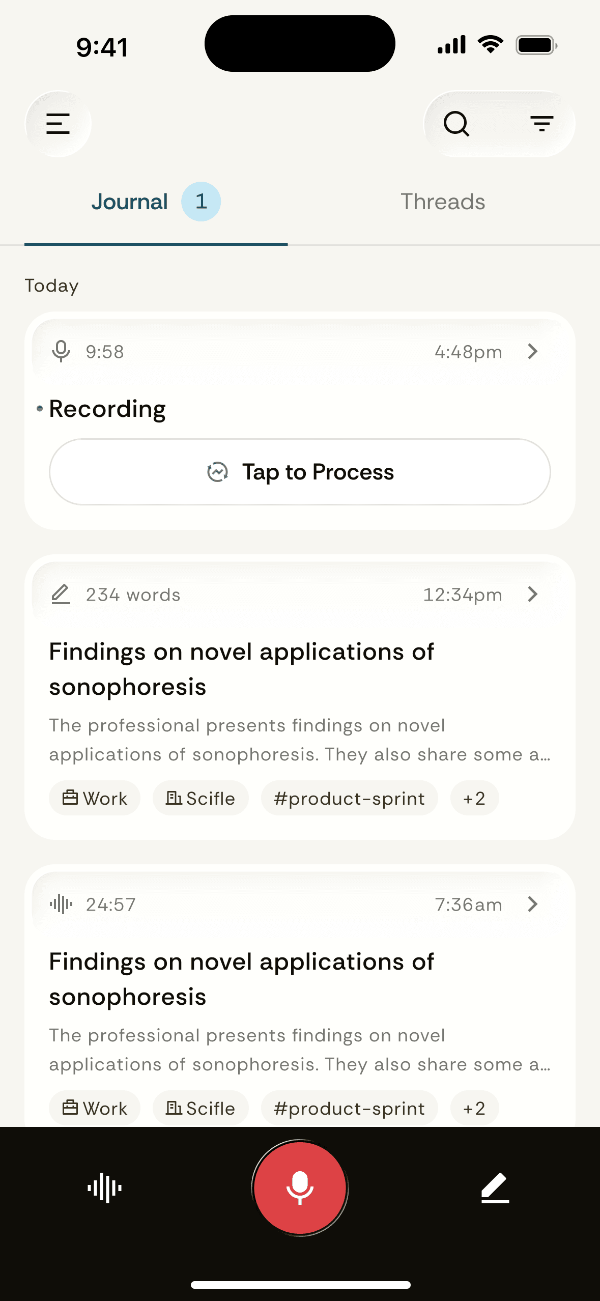 Scifle journal home screen